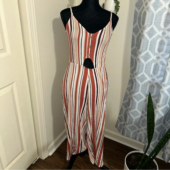 Stretchy Striped Jumpsuit - Brown, Rust Orange, Cream 🌟 Size M - Picture 1 of 9